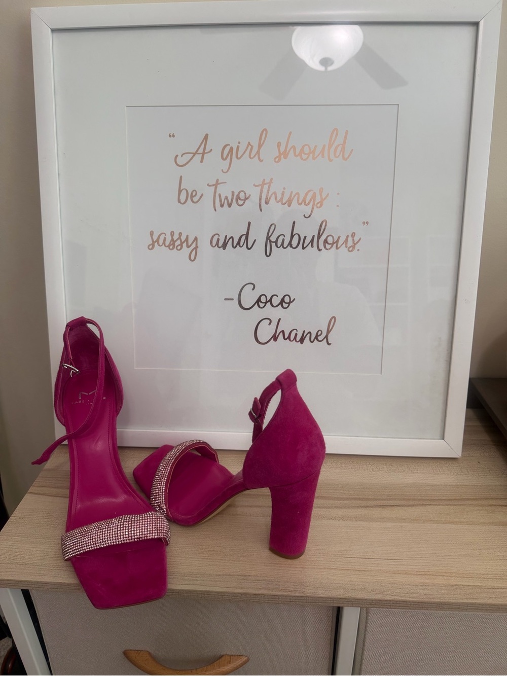 Marc Fisher Fuchsia Suede Block Heel Sandals with Rhinestone Strap